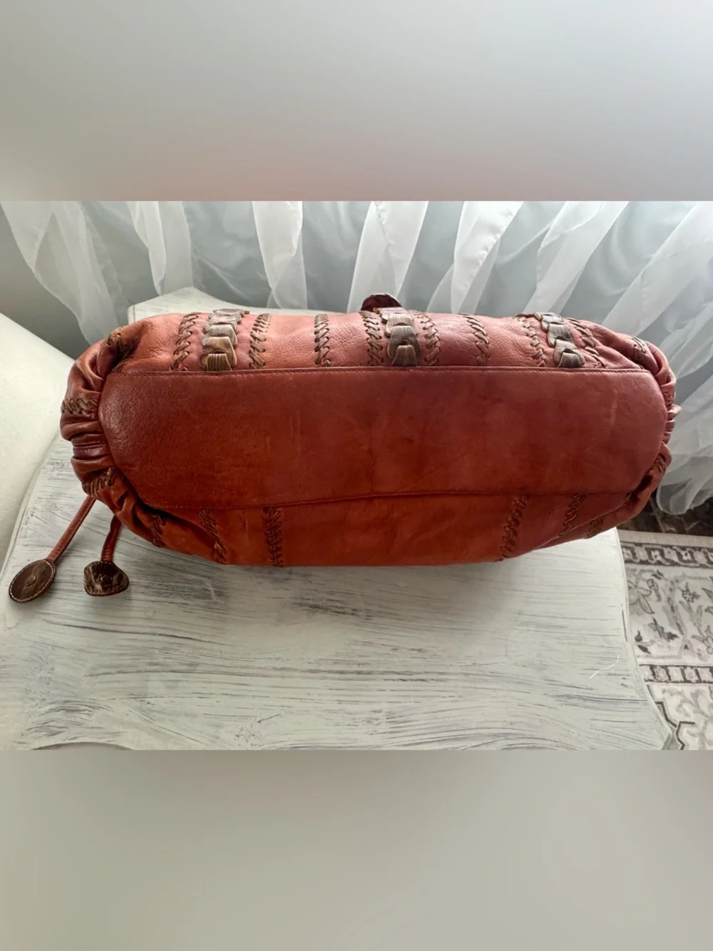 Isabella Fiore Whipstitch Leather Hobo Bag Boho Slouchy Brown Vintage